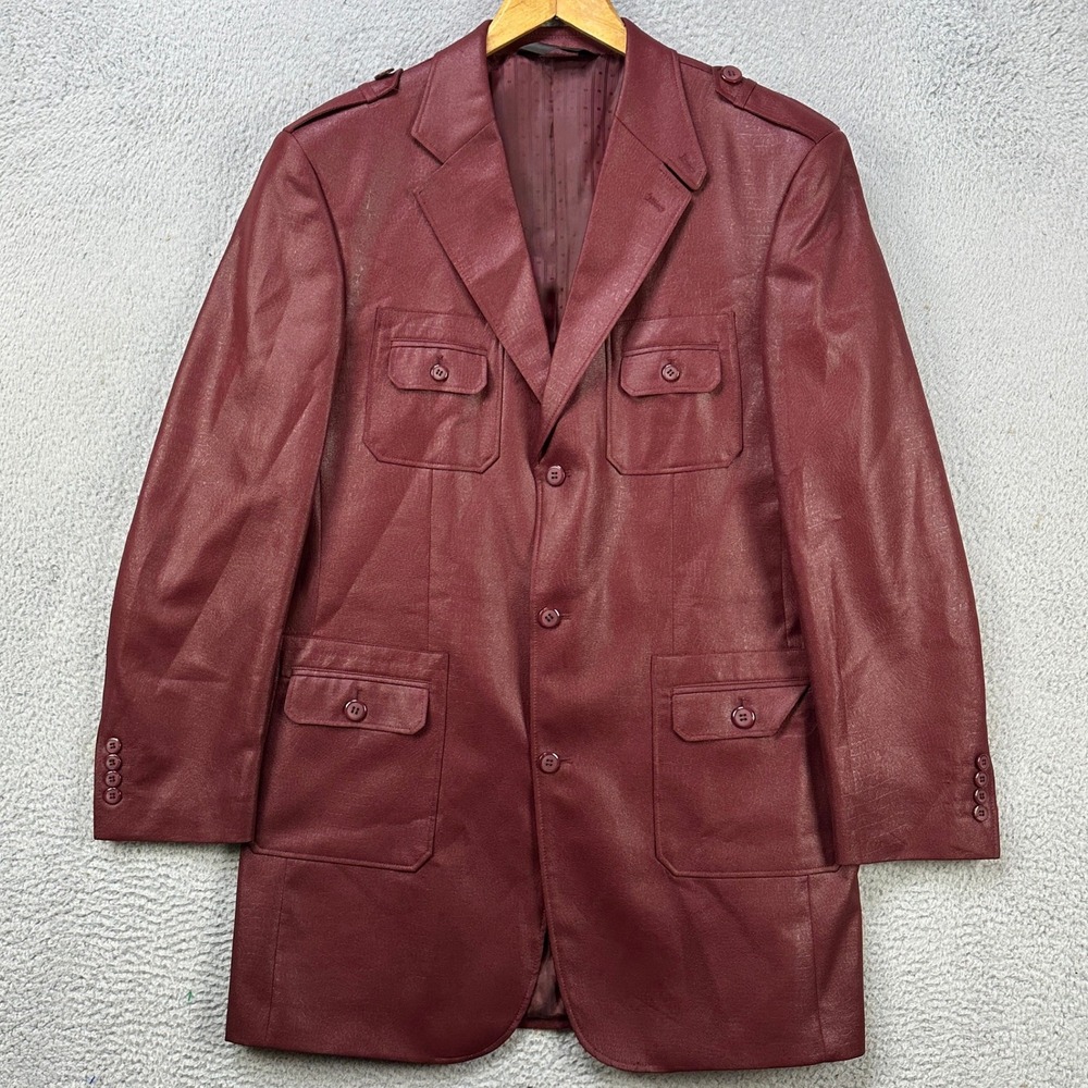 Pallini Faux Leather Sports Coat Blazer Mens‎ 40L Maroon Red Pocket Flap Pocket